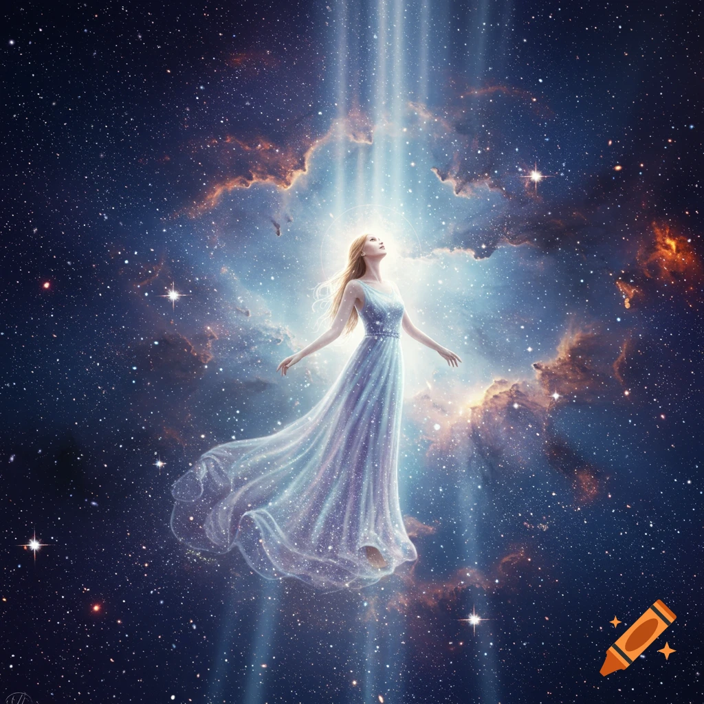 An ethereal woman in a flowing, sparkling dress ascends amidst a vibrant starry cosmos with nebulae and beams of light.