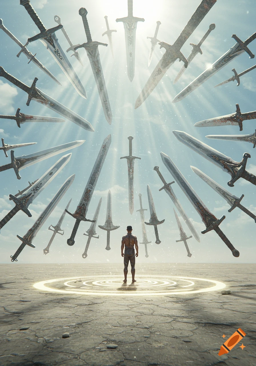 A lone figure stands on a cracked, arid ground, looking up at an array of ancient swords floating in the sky under a bright, mystical light.