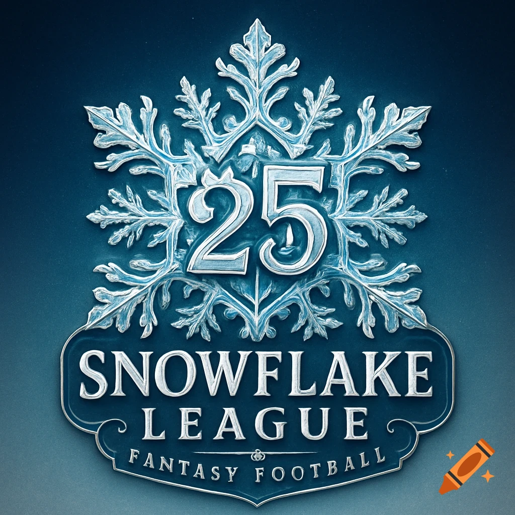 An icy blue and silver logo for the 'Snowflake League Fantasy Football' featuring a large '25' within a stylized snowflake.