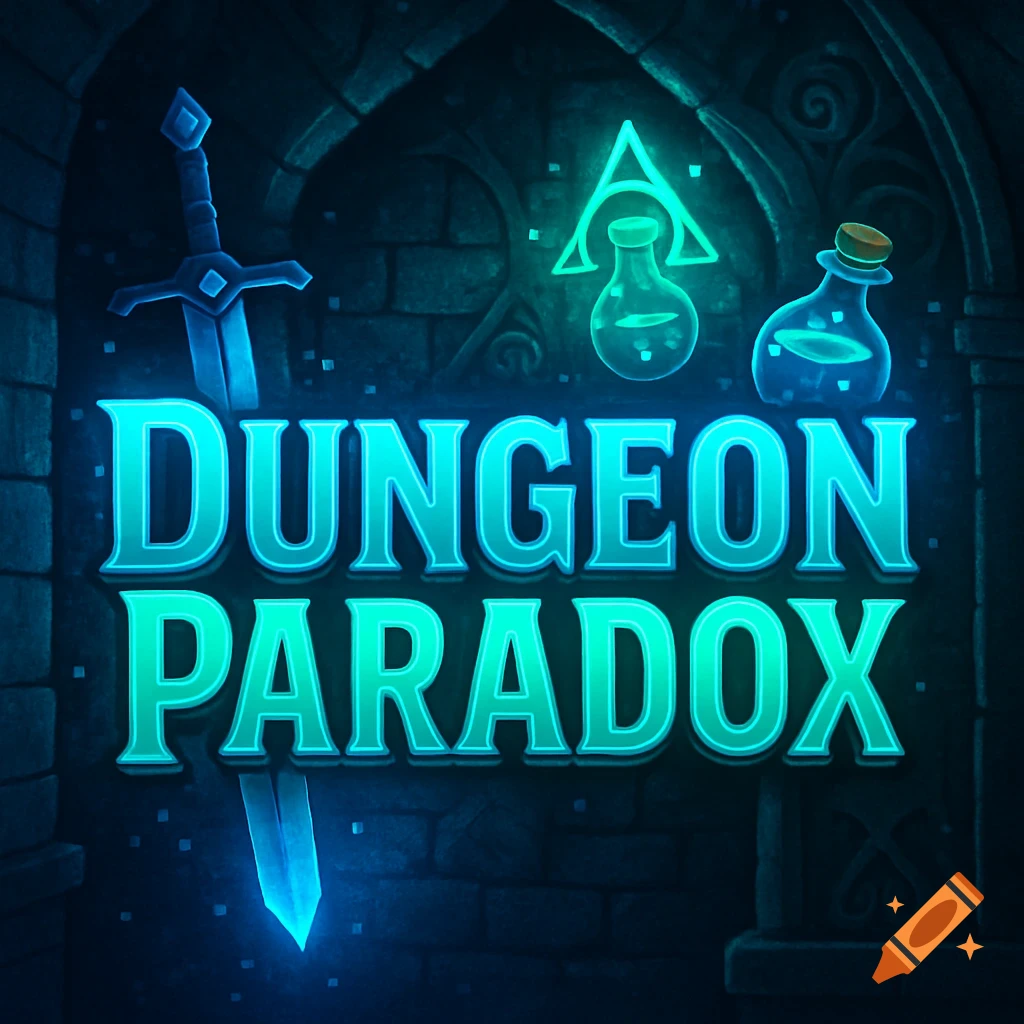 Glowing blue and green text 'Dungeon Paradox' over a dark stone dungeon background, flanked by a sword and two potions.