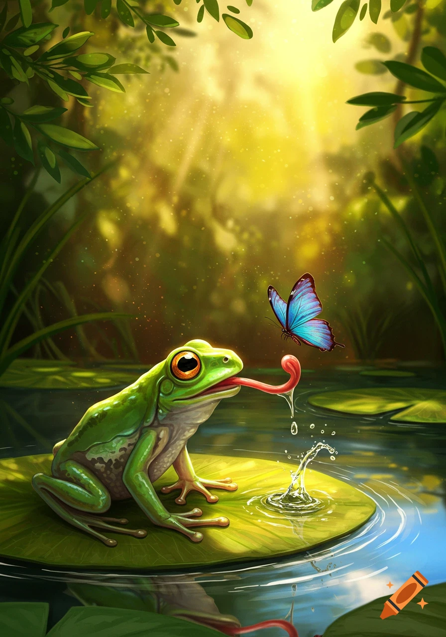 A vibrant illustration of a green frog on a lily pad in a sunlit pond, extending its tongue towards a blue butterfly.