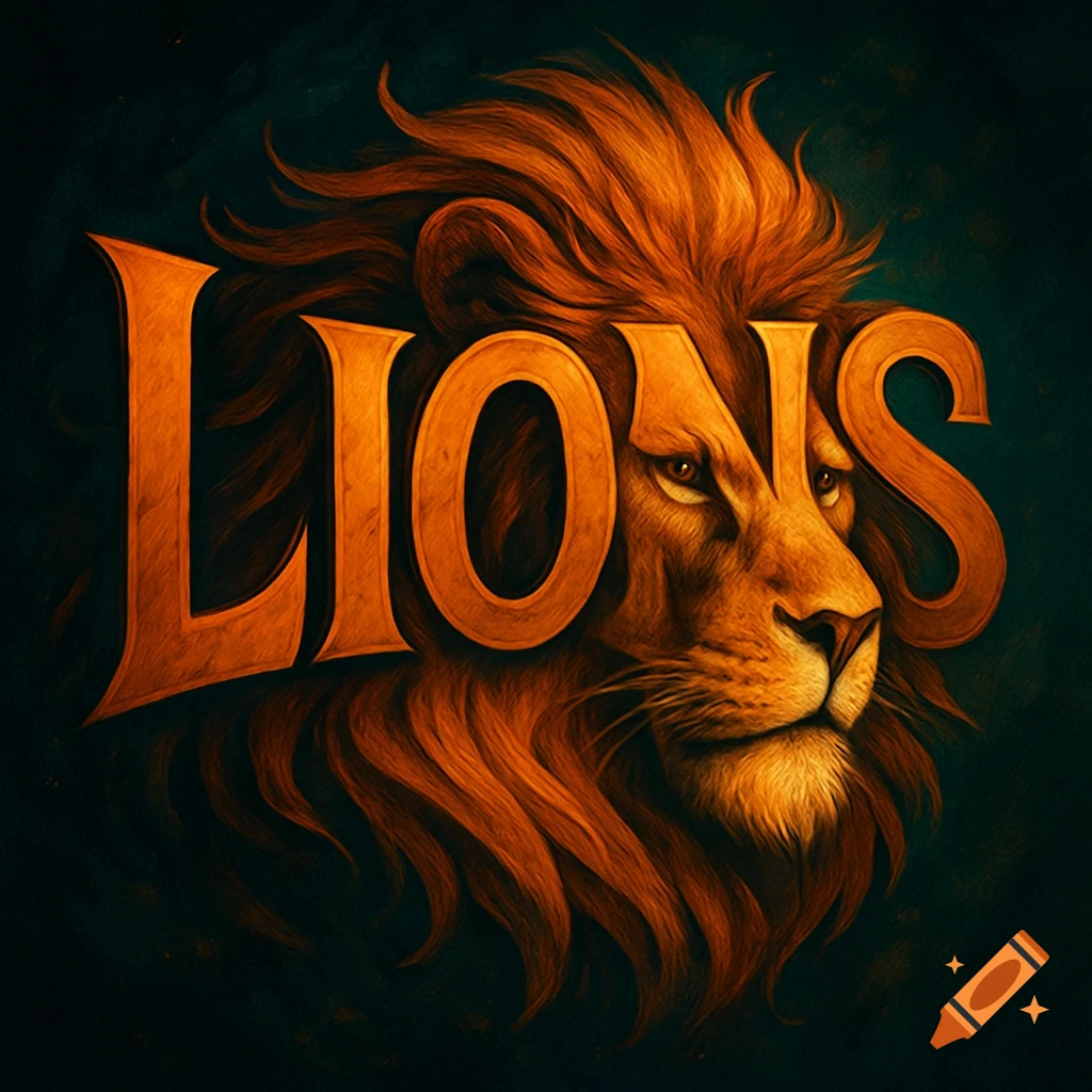 The word 'LIONS' forming the head and mane of a lion in an artistic style, against a dark background.