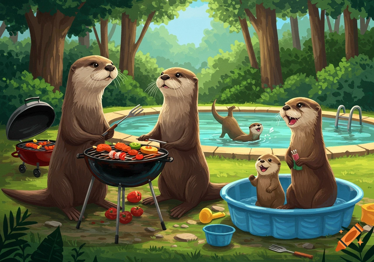 Cartoon otters having a backyard BBQ with two at grills, one in a pool, and a baby otter in a paddling pool.