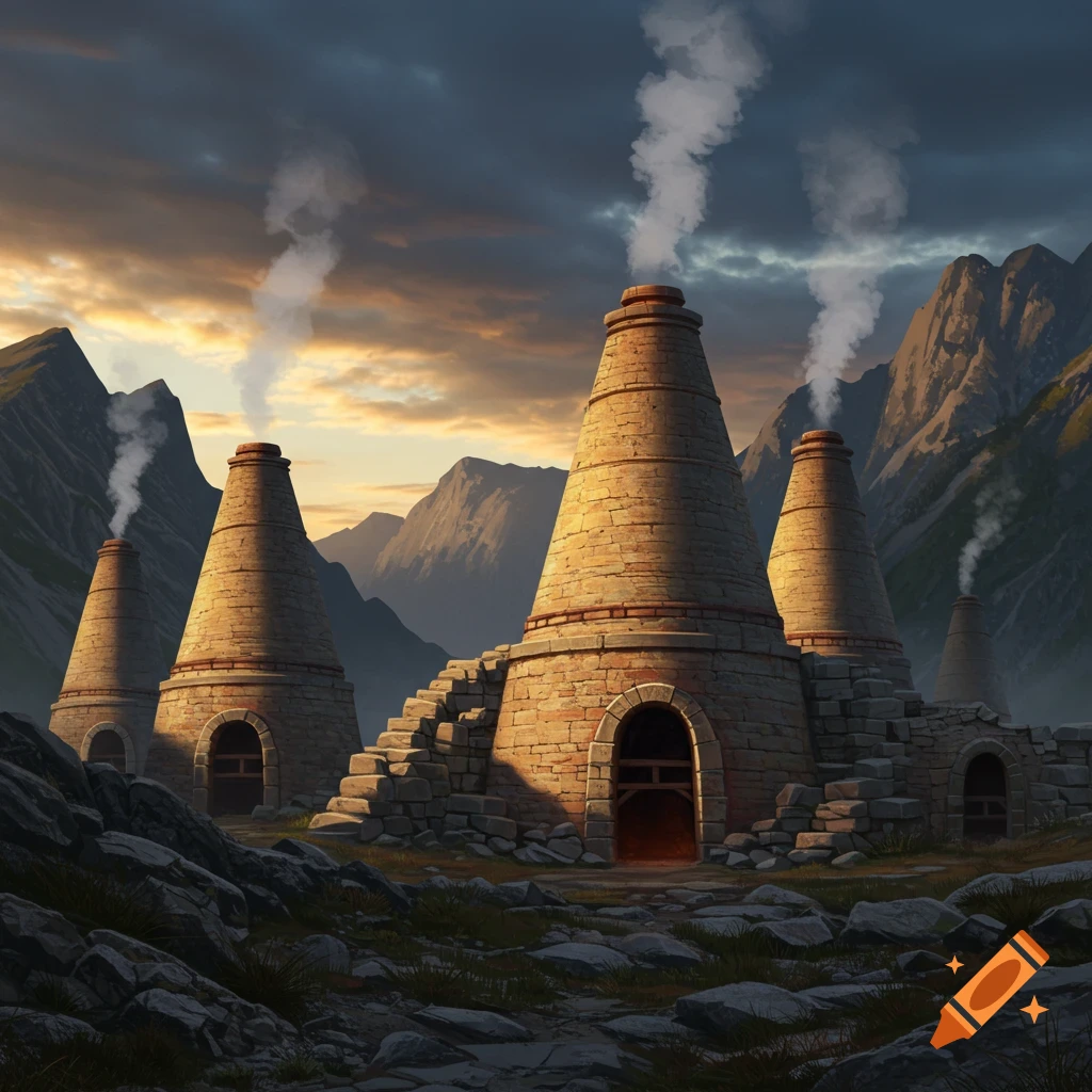 Stone kilns emitting smoke in a mountainous landscape at sunset.