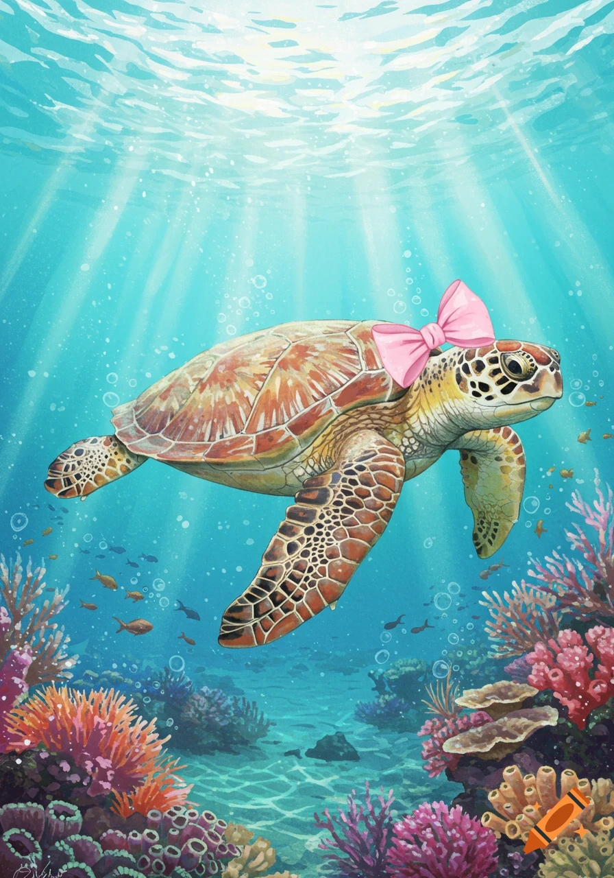An illustration of a sea turtle with a pink bow swimming underwater among colorful coral and small fish, with light rays shining from the surface.