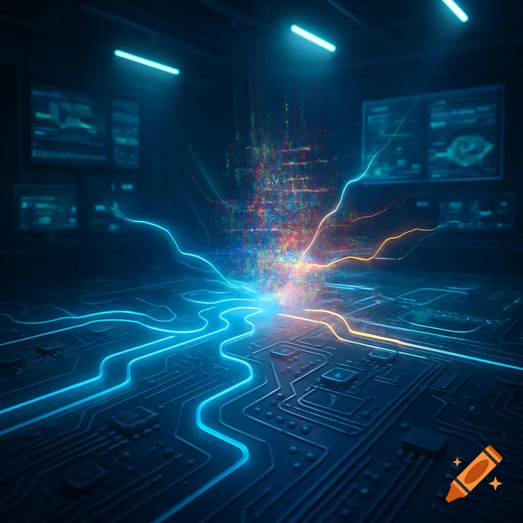 A dark, futuristic room with a glowing blue circuit board. Bright, colorful light bursts from the center, depicting data or signal flow.