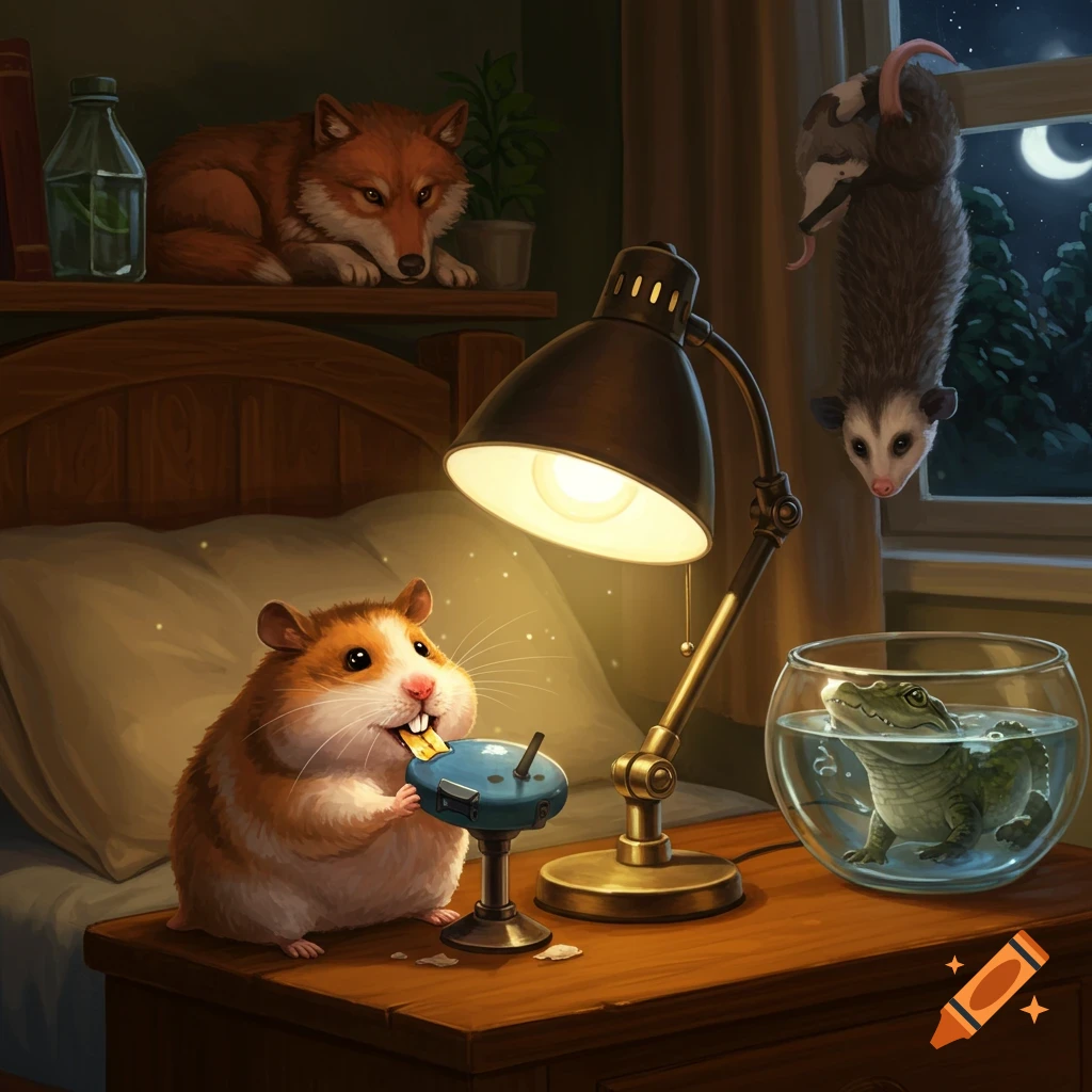 A whimsical illustration of a hamster eating from a small device on a nightstand, with a desk lamp. A wolf is on a shelf, an opossum hangs from a window, and an alligator is in a bowl, all in a cozy bedroom.