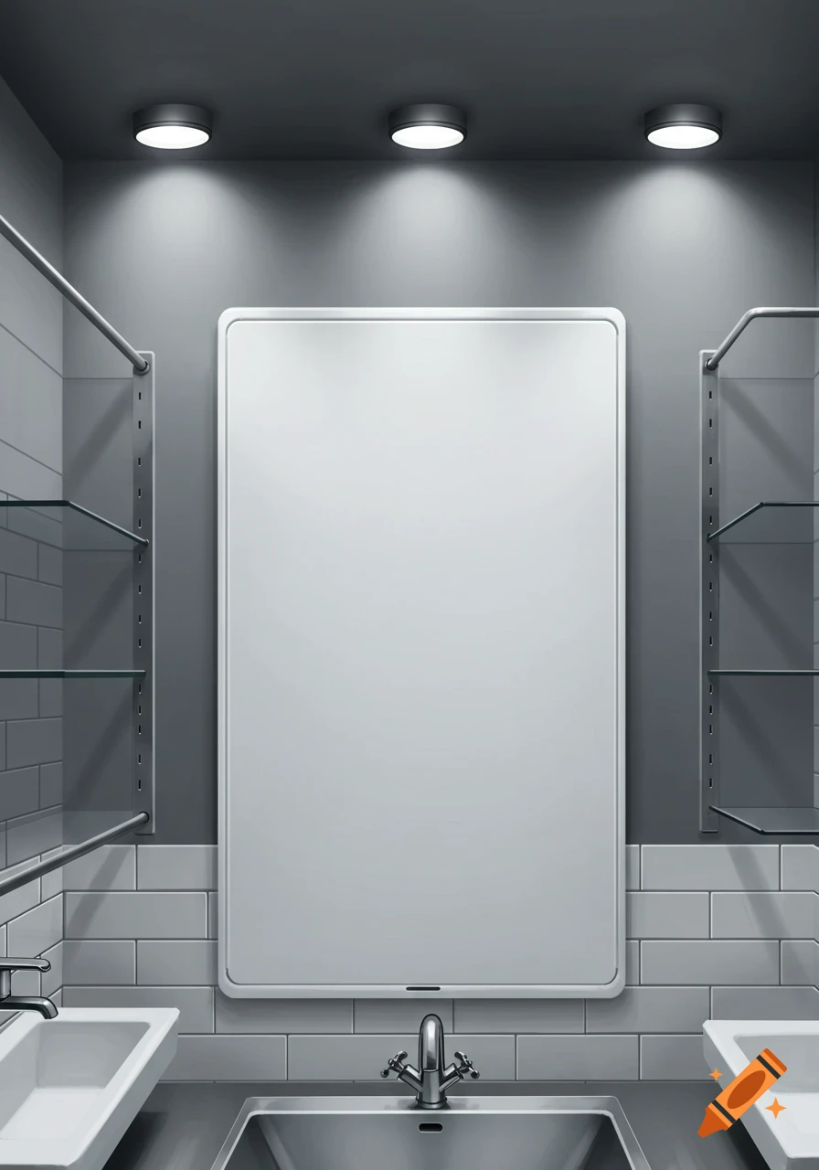 Modern bathroom interior with a large blank mirror over a metal sink, flanked by glass shelves on a tiled wall.