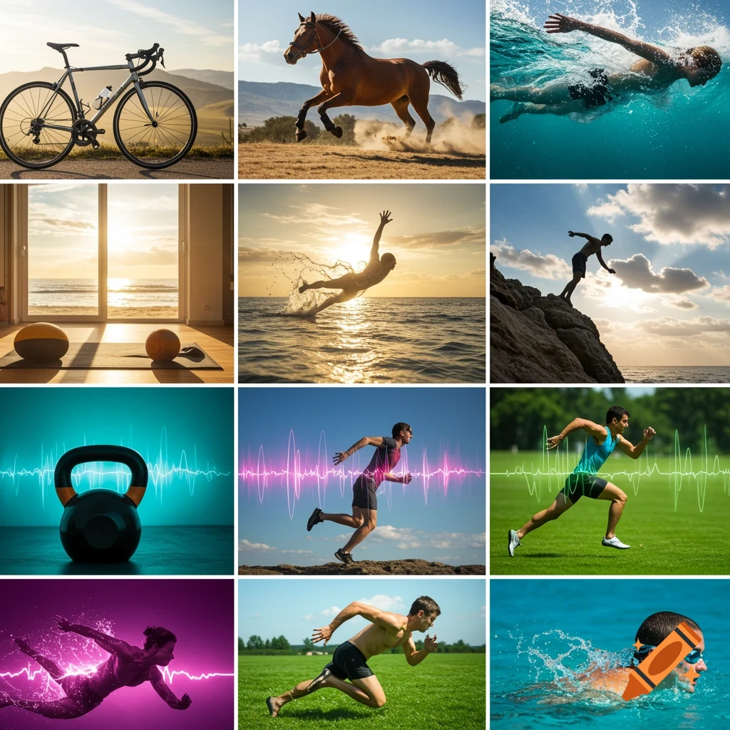 A 3x3 grid displaying various outdoor and indoor sports activities: cycling, horse riding, swimming, gym, water sports, climbing, and running.
