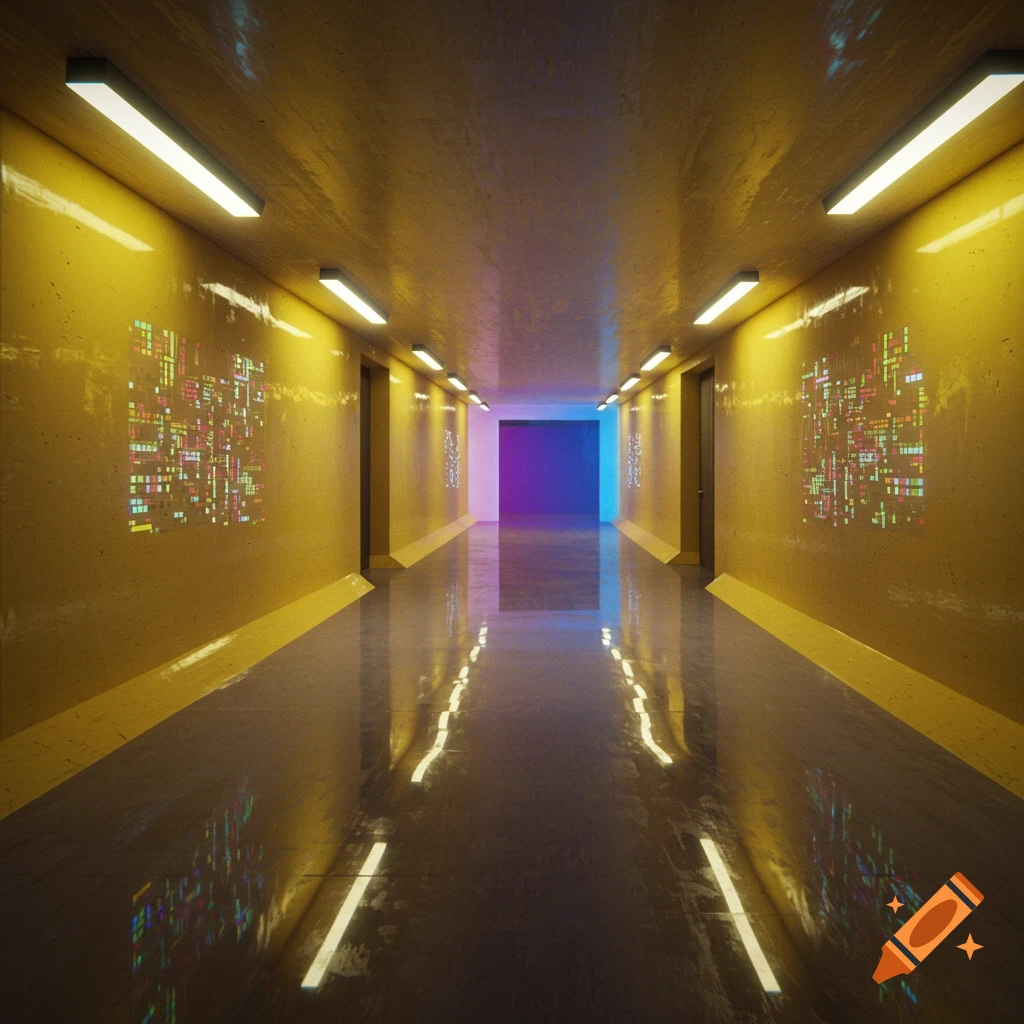 A long, yellow-walled hallway with reflective floors, illuminated by bright lights and glowing digital patterns, leading to a vibrant purple and blue lit exit.