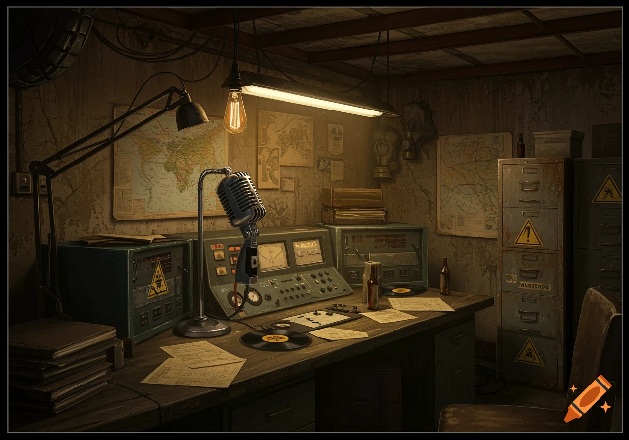 A dark, atmospheric scene of an old, cluttered bunker radio station with a vintage microphone, maps, and electronic equipment on a wooden desk.