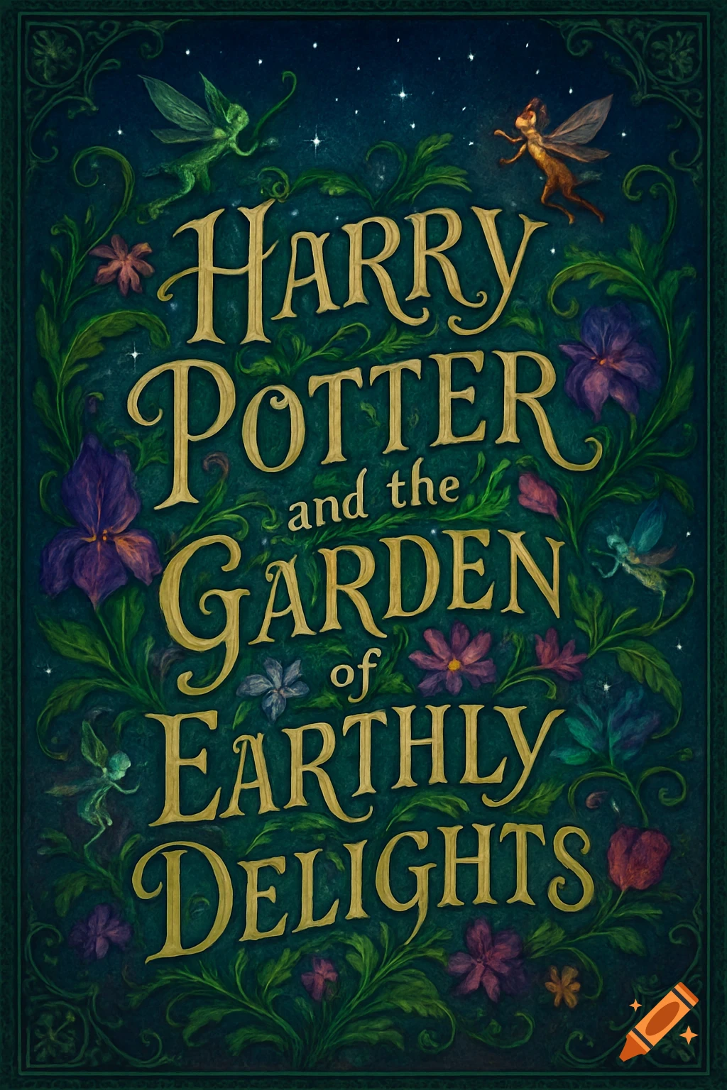 A dark teal fantasy book cover titled 'Harry Potter and the Garden of Earthly Delights' with gold ornate text, flowers, foliage, and fairies.