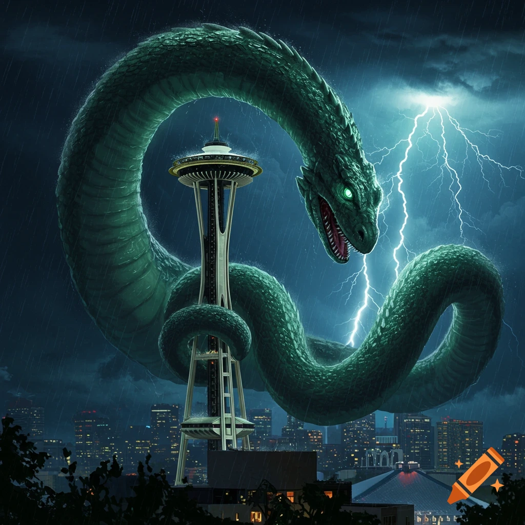 A massive green serpent, similar to the Loch Ness Monster, coils around the Seattle Space Needle during a dramatic lightning storm.