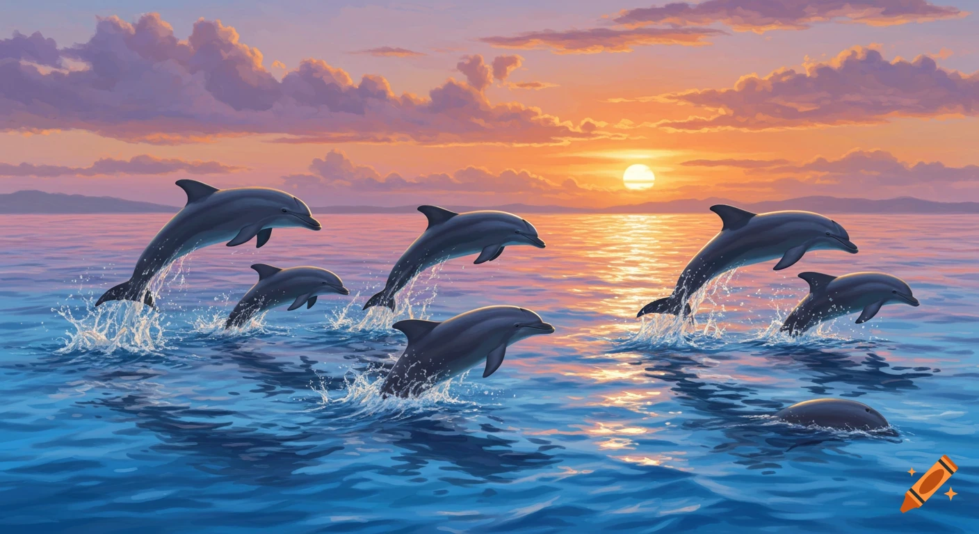 A pod of dolphins jumps and swims through the ocean at sunset, with a vibrant orange and purple sky.