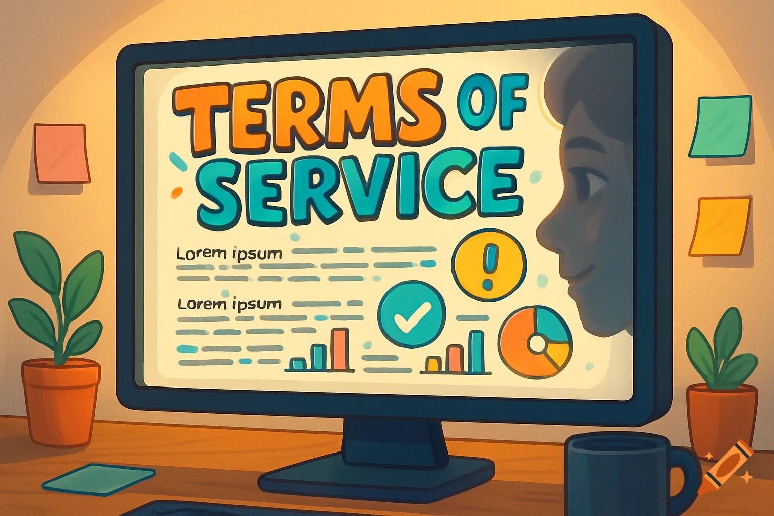 Cartoon of a computer screen showing 'TERMS OF SERVICE' and a person's profile, on a desk with plants.