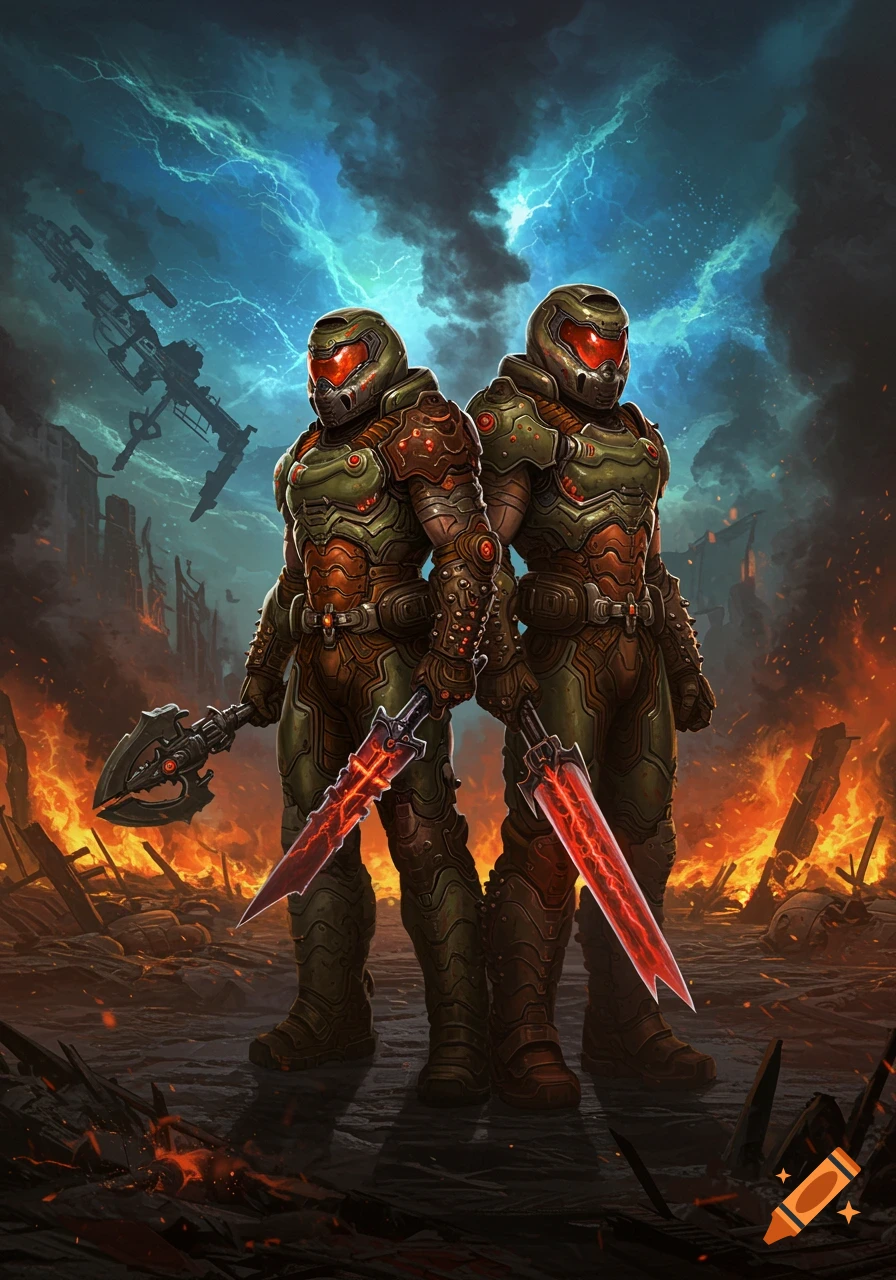 Two armored Doom Slayers stand back-to-back amidst a fiery, destroyed city, holding glowing swords and an axe under a stormy sky.