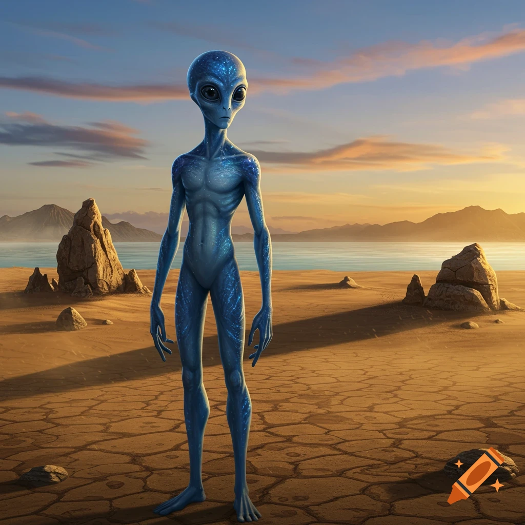 A tall blue alien with glowing speckles stands in a desolate desert landscape with a lake and mountains under a colorful sunset sky.