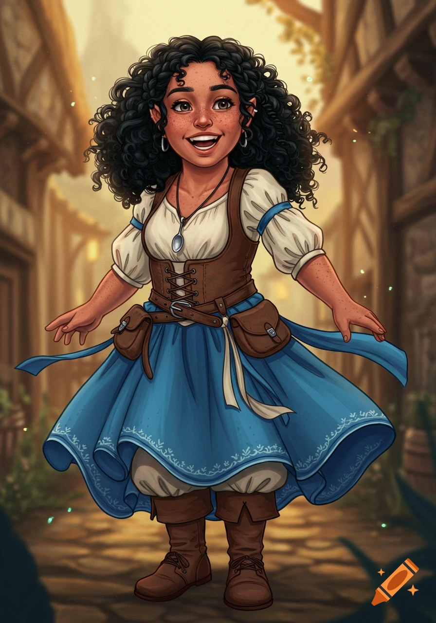 A joyful halfling woman with curly black hair and a freckled face wears a blue skirt, brown vest, and a spoon pendant, standing in a fantasy village.