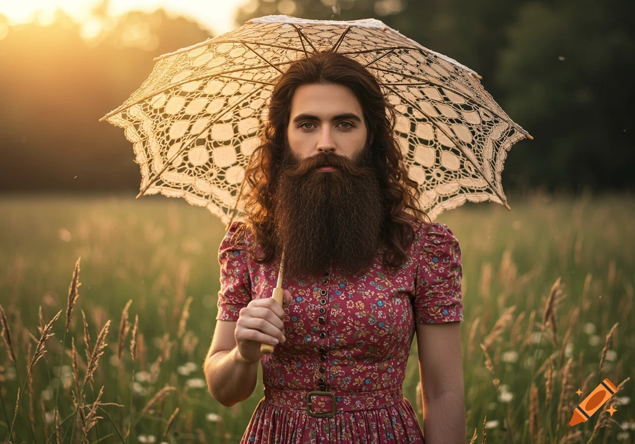 A bearded woman with long hair wearing a floral dress and holding a lace parasol stands in a sunlit field.