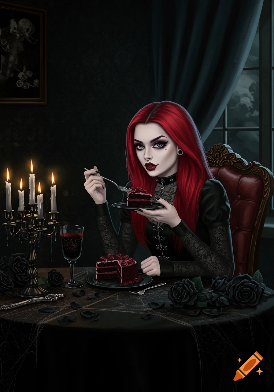 A gothic woman with long red hair and dark makeup eats cake at a dimly lit table adorned with candles, black roses, and a wine glass.