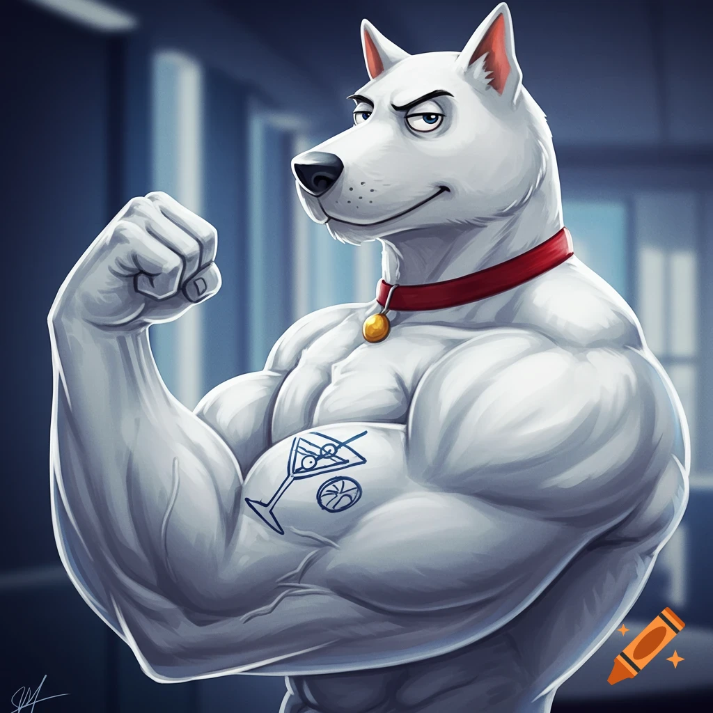 A muscular white cartoon dog with a red collar flexes his bicep, revealing a martini glass tattoo. Cartoon style.