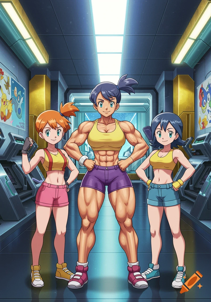 Misty and other Pokemon characters, including a very muscular woman, pose in a gym in anime style.