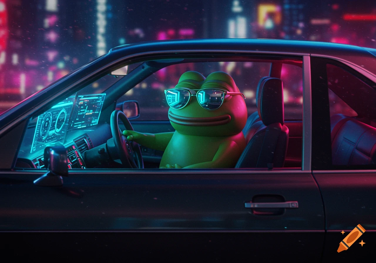 A 3D rendered Pepe the Frog wearing sunglasses drives a car at night with a neon-lit cyberpunk city in the background.