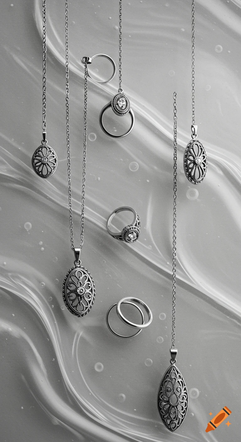 Black and white image of various silver pendants and rings against a soft, abstract wavy background with subtle bubbles.