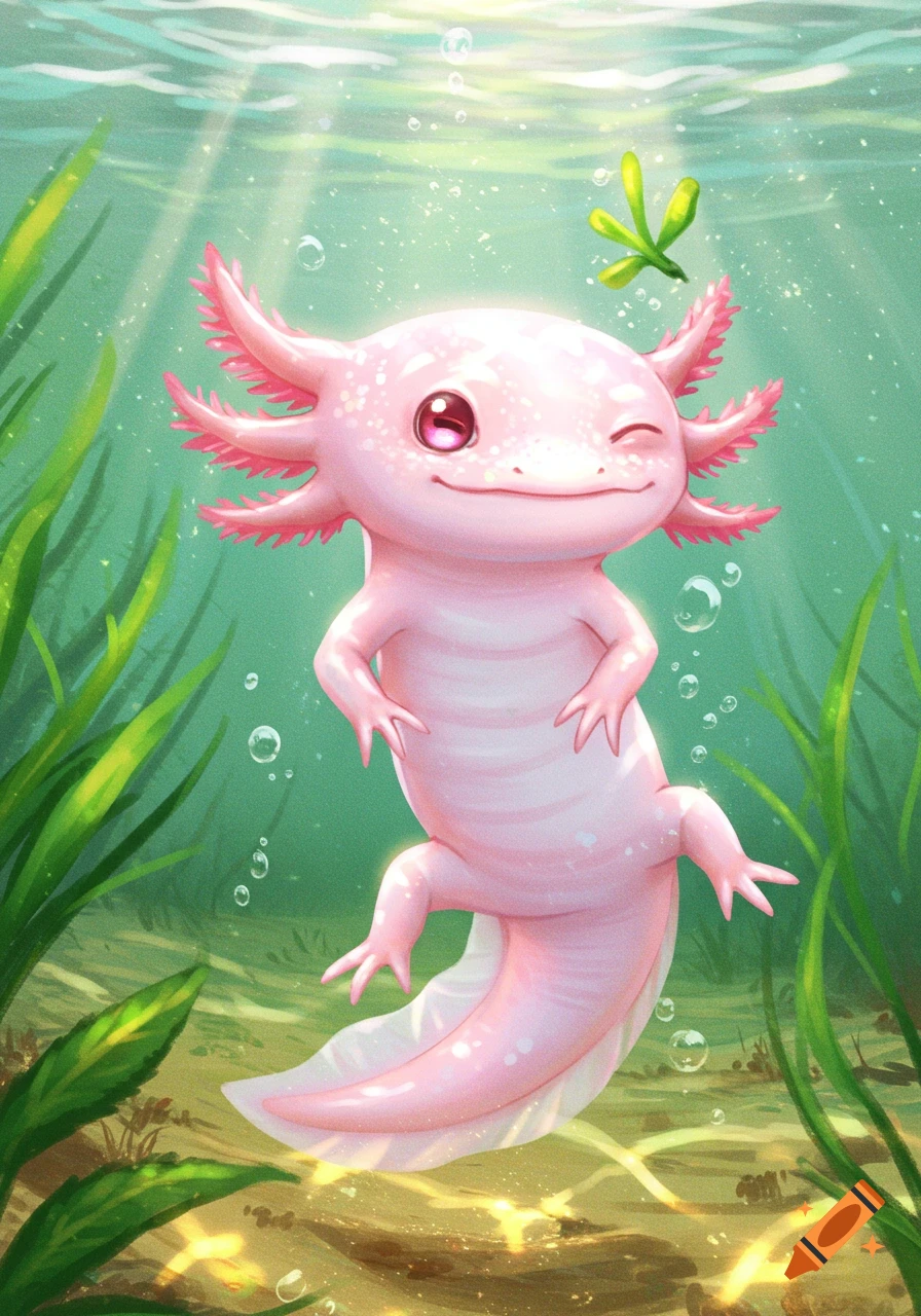 A cute pink cartoon axolotl winks underwater, surrounded by green plants and bubbles, with light rays filtering from above.