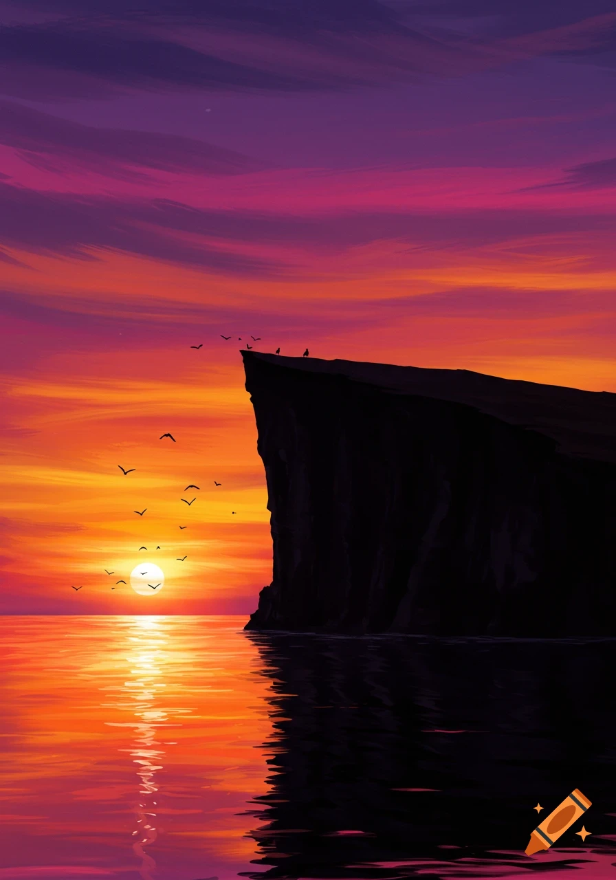 A vibrant sunset casts an orange and purple glow over an ocean, with a silhouetted cliff and flying birds.