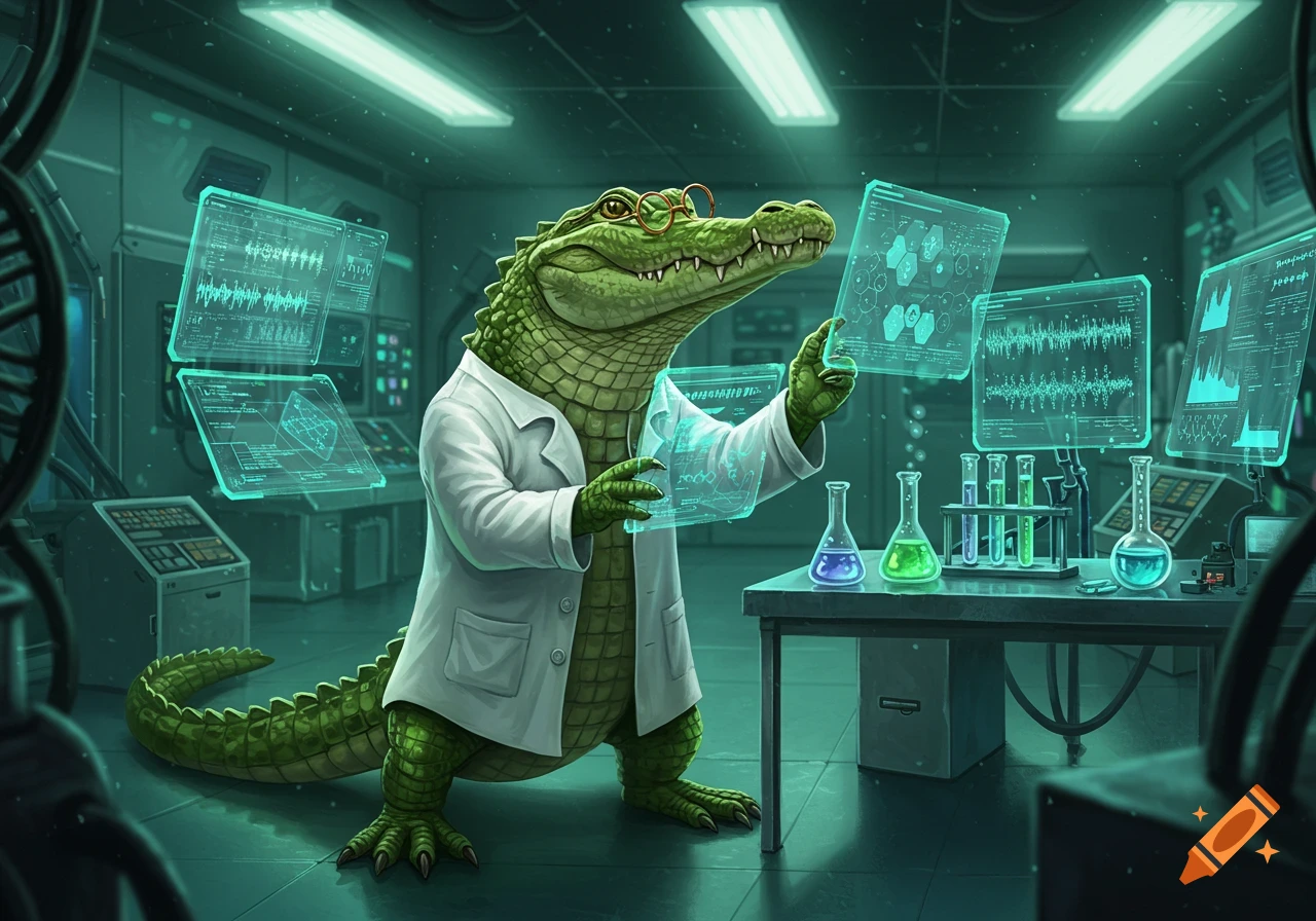 A cartoon alligator in a lab coat and glasses, looking at glowing holographic screens in a science laboratory.