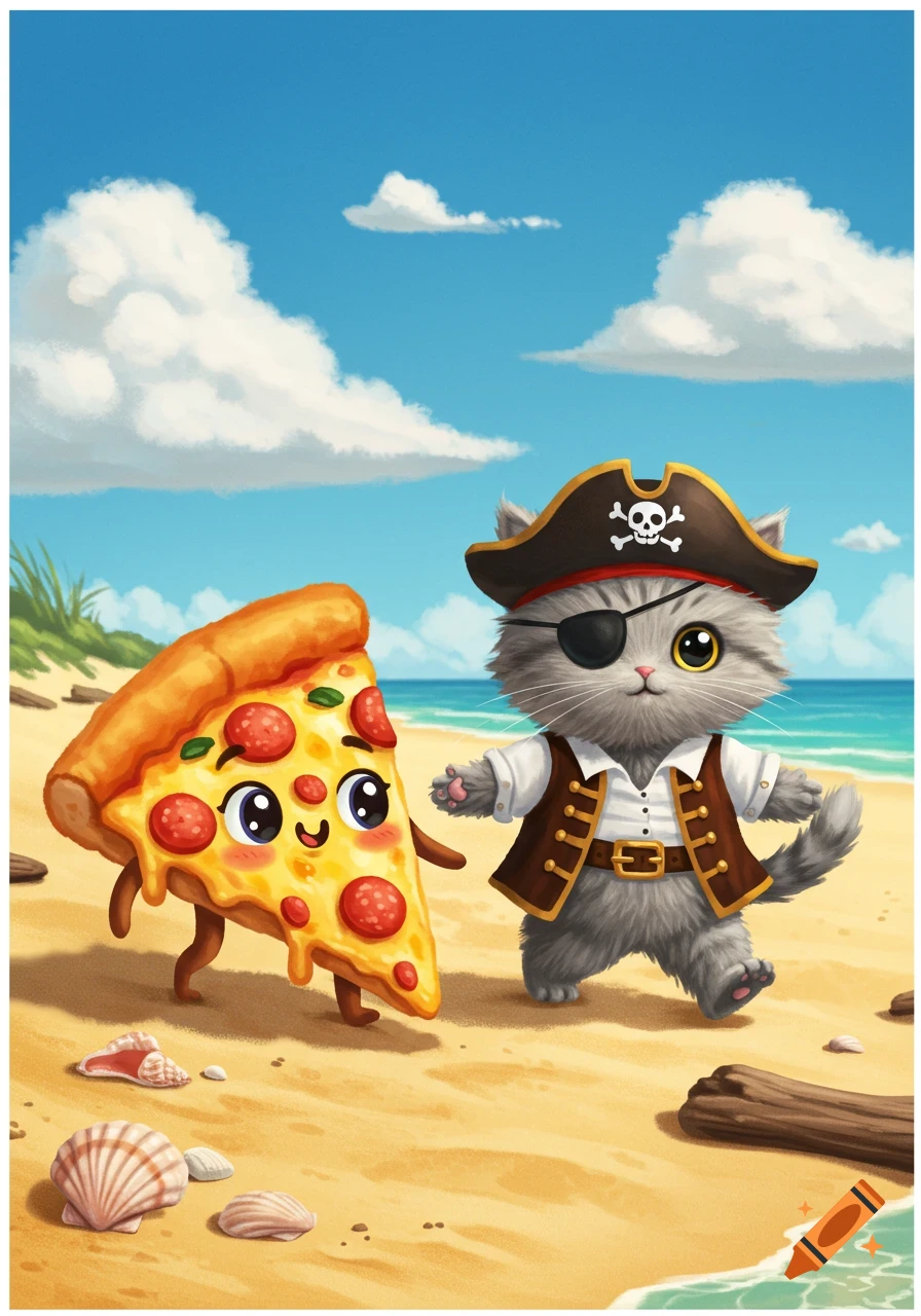 A cute cartoon pirate kitten walks alongside a happy cartoon pizza slice on a sunny beach by the ocean.