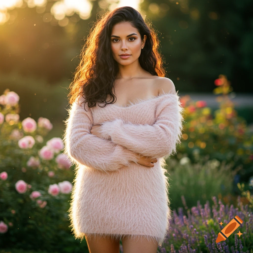 A photorealistic portrait of a woman with long dark hair wearing a pale pink fuzzy mini dress, standing in a sunny garden with roses and lavender.