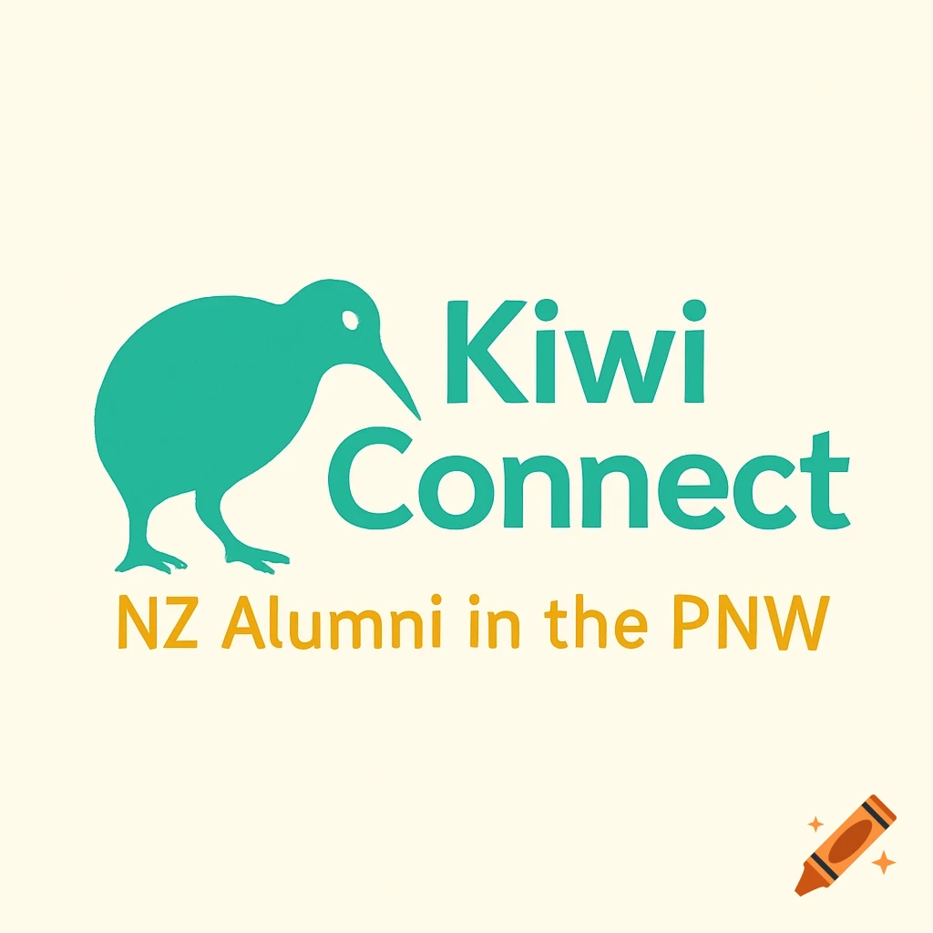 A logo with a teal silhouette of a kiwi bird on the left and the words "Kiwi Connect" in teal on the right. Below them, "NZ Alumni in the PNW" is written in orange. The background is a light cream color.