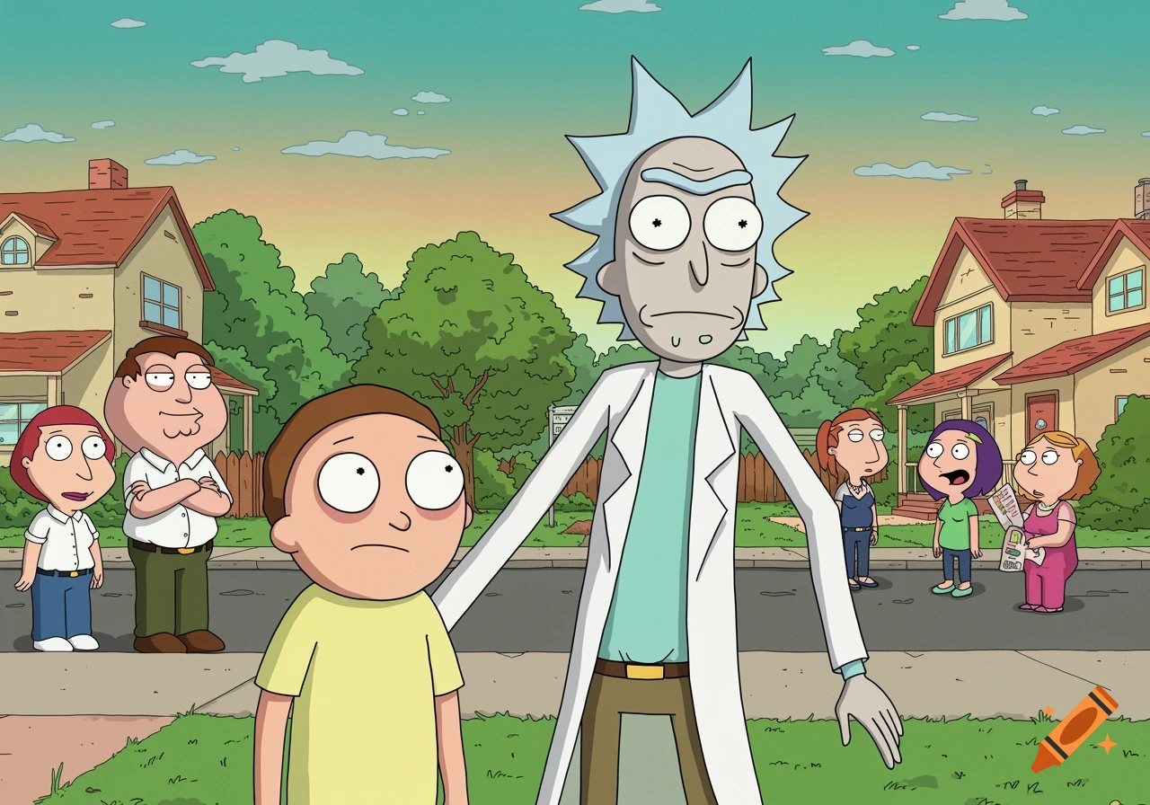 Rick and Morty stand on a sidewalk in a cartoon neighborhood, with characters resembling Family Guy's Lois and Peter Griffin to their left, and other female characters resembling Family Guy style to their right, all in a hybrid animation style.