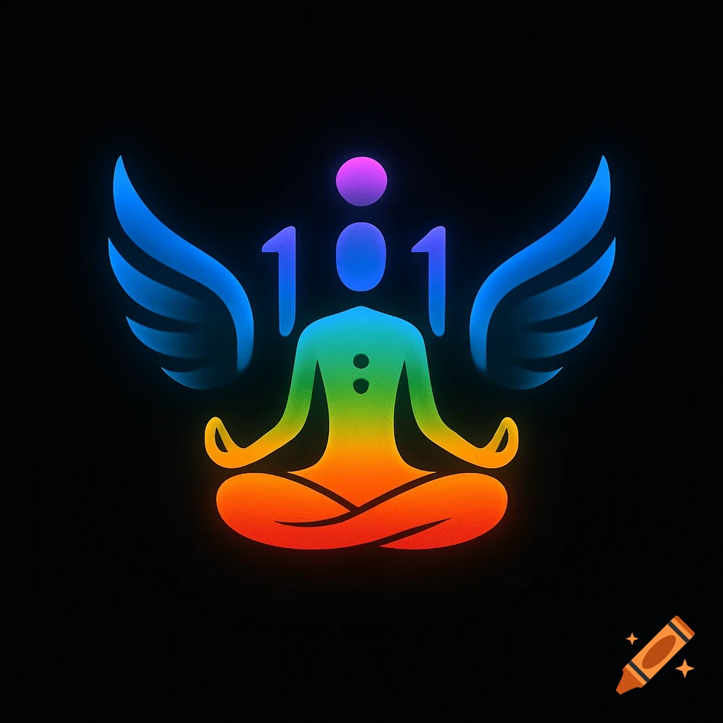 A colorful, glowing logo of a person meditating in lotus pose with angel wings against a black background.