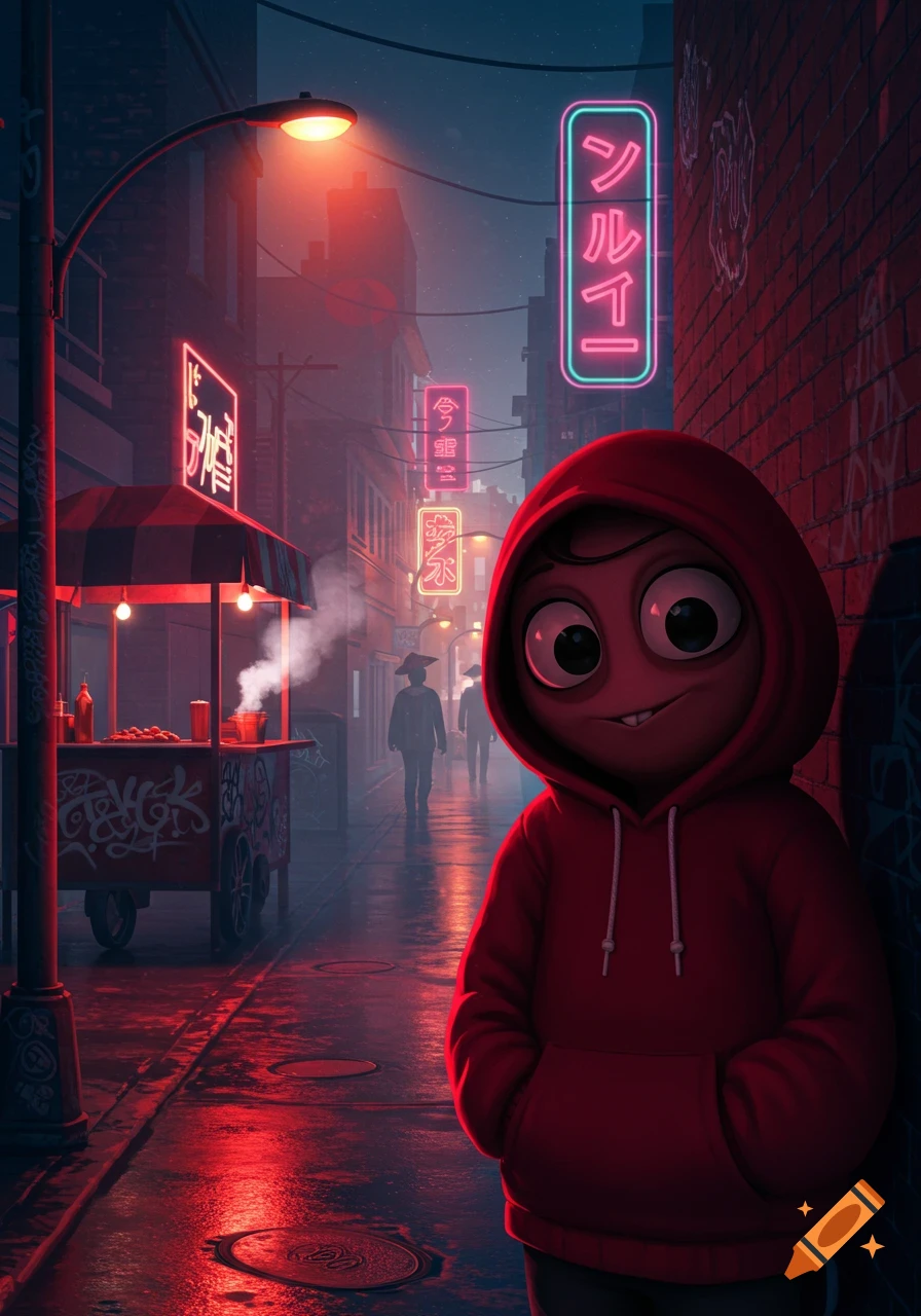 A stylized cartoon character in a red hoodie stands on a wet, neon-lit city street at night with a food cart.