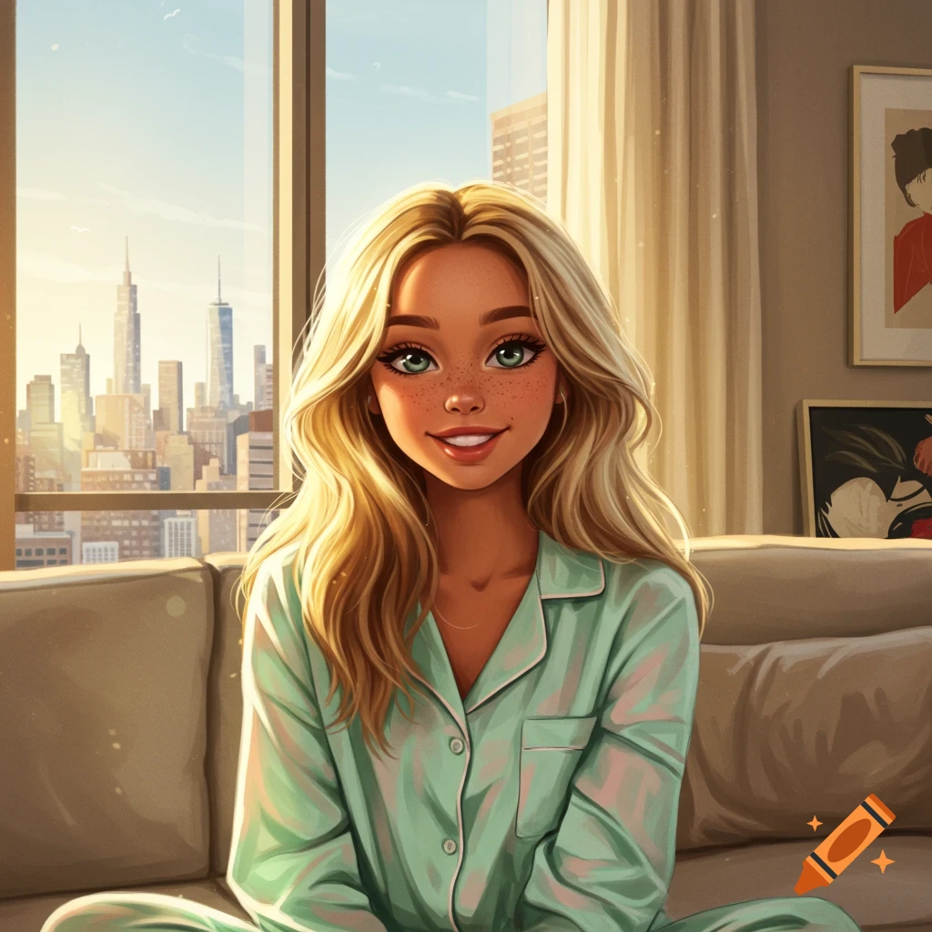 An illustration of a blonde girl in mint green pajamas on a couch with a city skyline view.