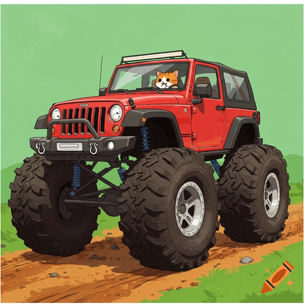 Cartoon illustration of a cute orange cat driving a red monster truck Jeep Wrangler with large off-road tires and a light bar, on a dirt path.