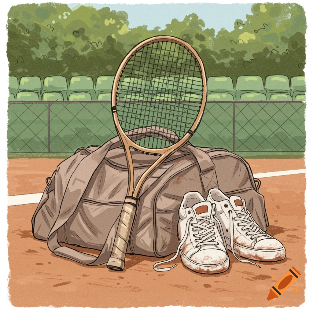 Hand-drawn illustration of a tennis racket, gym bag, and shoes on a clay tennis court.