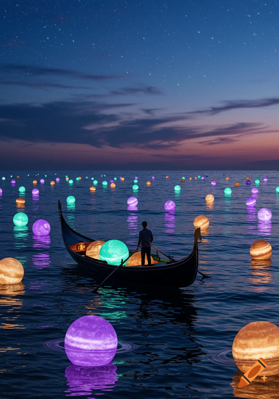 A man in a gondola filled with glowing planet-like orbs drifts on an ocean also filled with glowing orbs under a starry twilight sky.