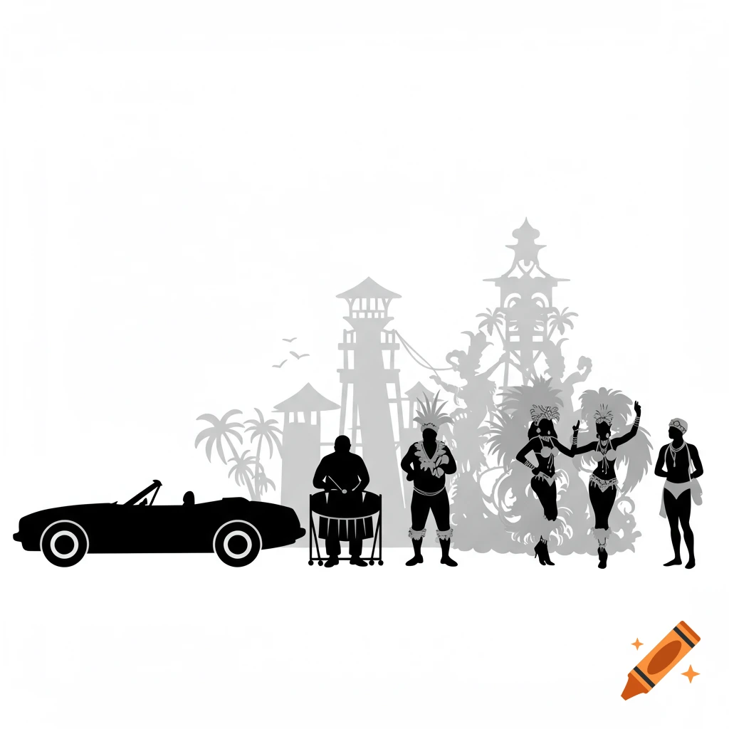 Silhouette illustration of a Caribbean parade with a convertible car, steel drummer, dancers, and tropical buildings.