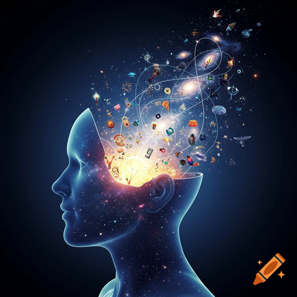A glowing silhouette of a human head filled with a vibrant cosmic galaxy and various floating objects representing ideas.