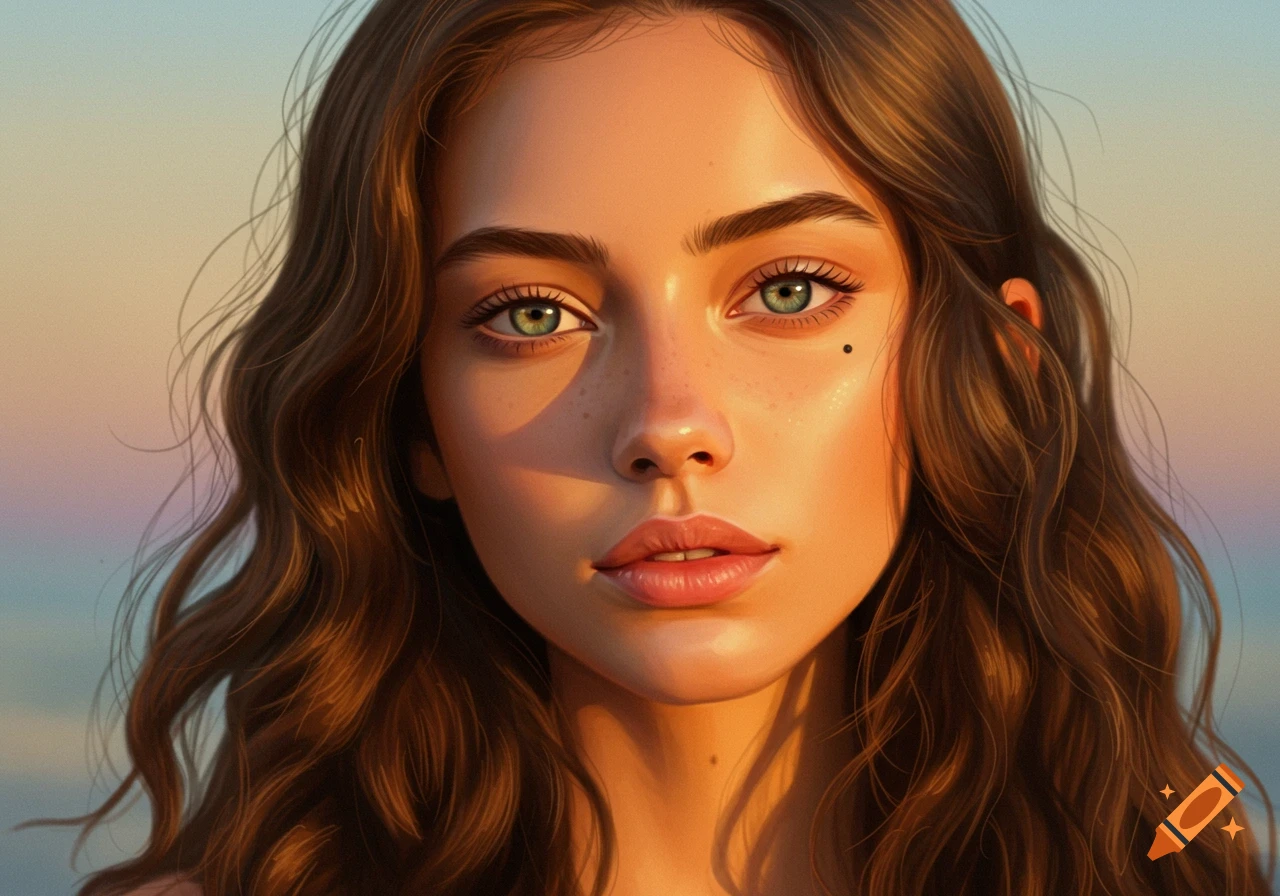 A beautiful young woman with long wavy brown hair, green eyes, and full lips, looking slightly left under warm sunlight.