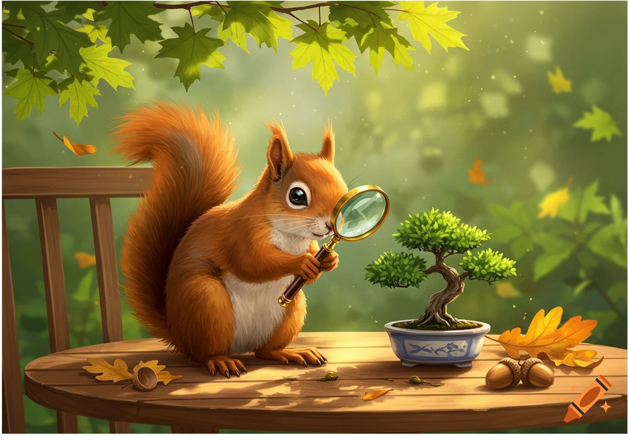 A cute cartoon squirrel holds a magnifying glass, examining a small bonsai tree on a wooden table with autumn leaves and acorns in a sunlit forest.