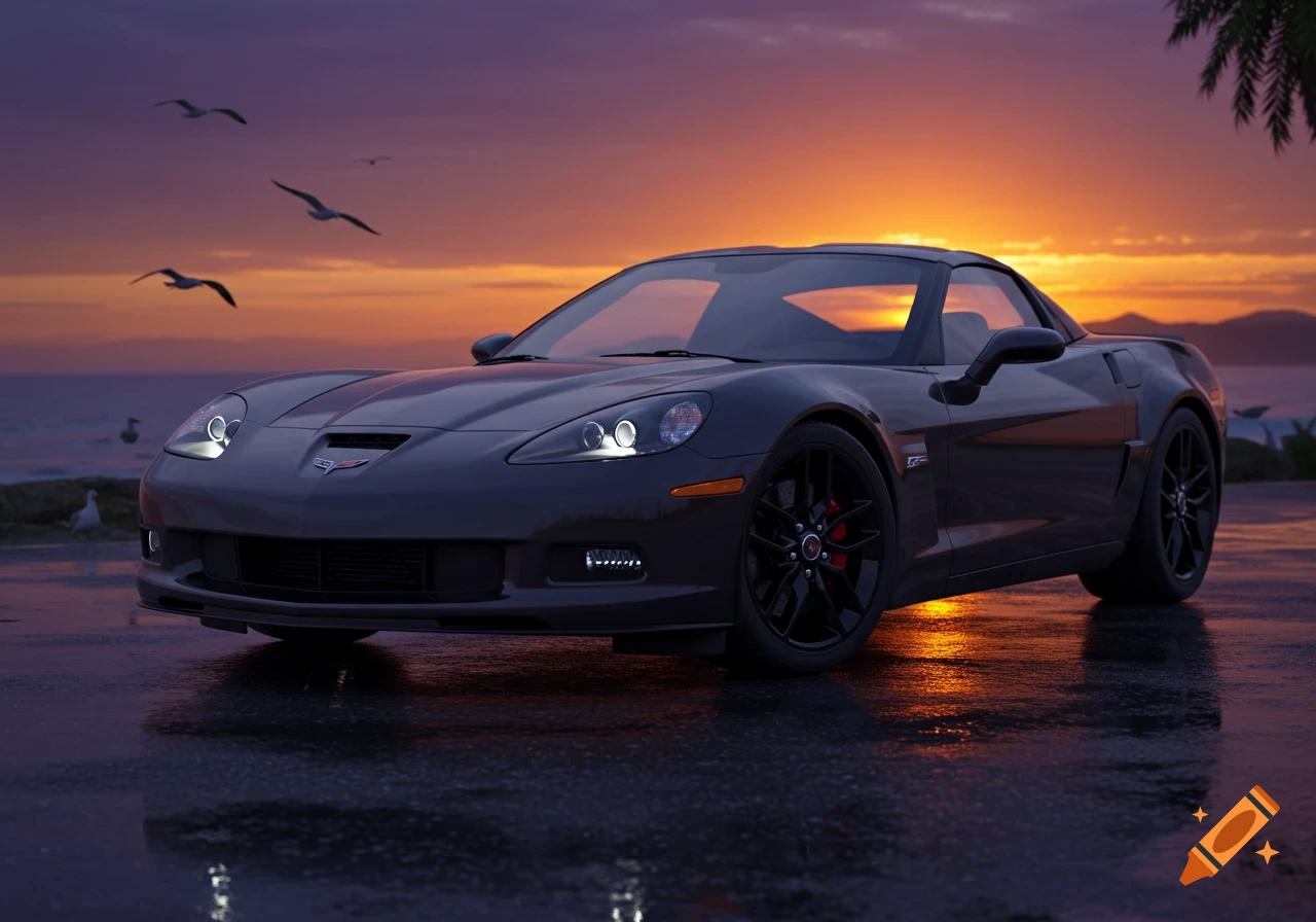 A dark gray Corvette C6 sports car is parked on a wet surface next to the ocean at sunset, with birds flying in the vibrant orange and purple sky.
