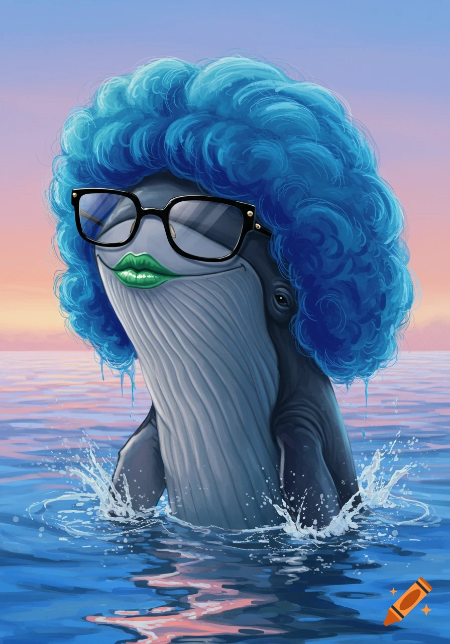 Cartoon illustration of a whale with a blue afro wig, black glasses, and green lipstick, surfacing in the ocean at sunset.