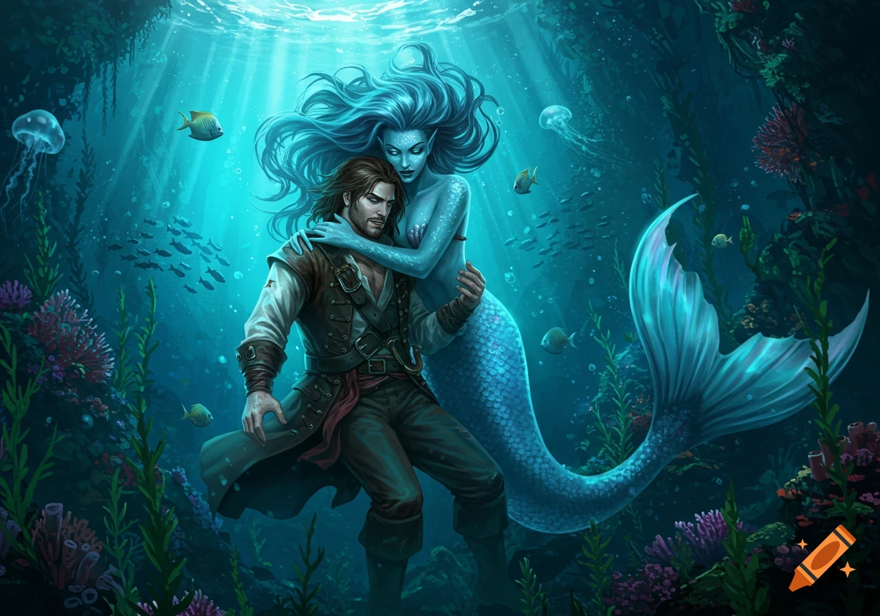 A blue-skinned mermaid with flowing hair embraces a pirate with long brown hair underwater amidst coral and fish in a digital painting.