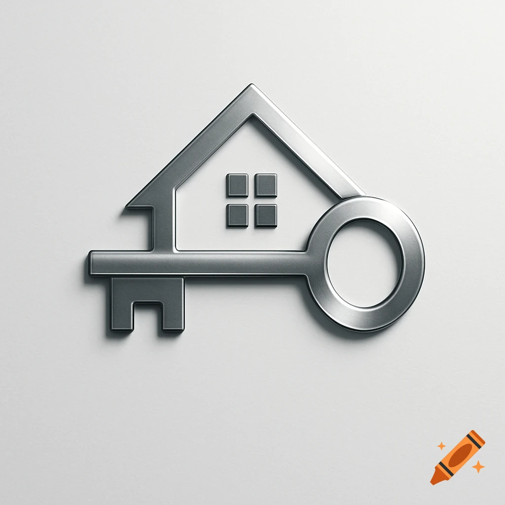 Metallic gray logo combining a house outline with a key, casting a subtle shadow on a white background.