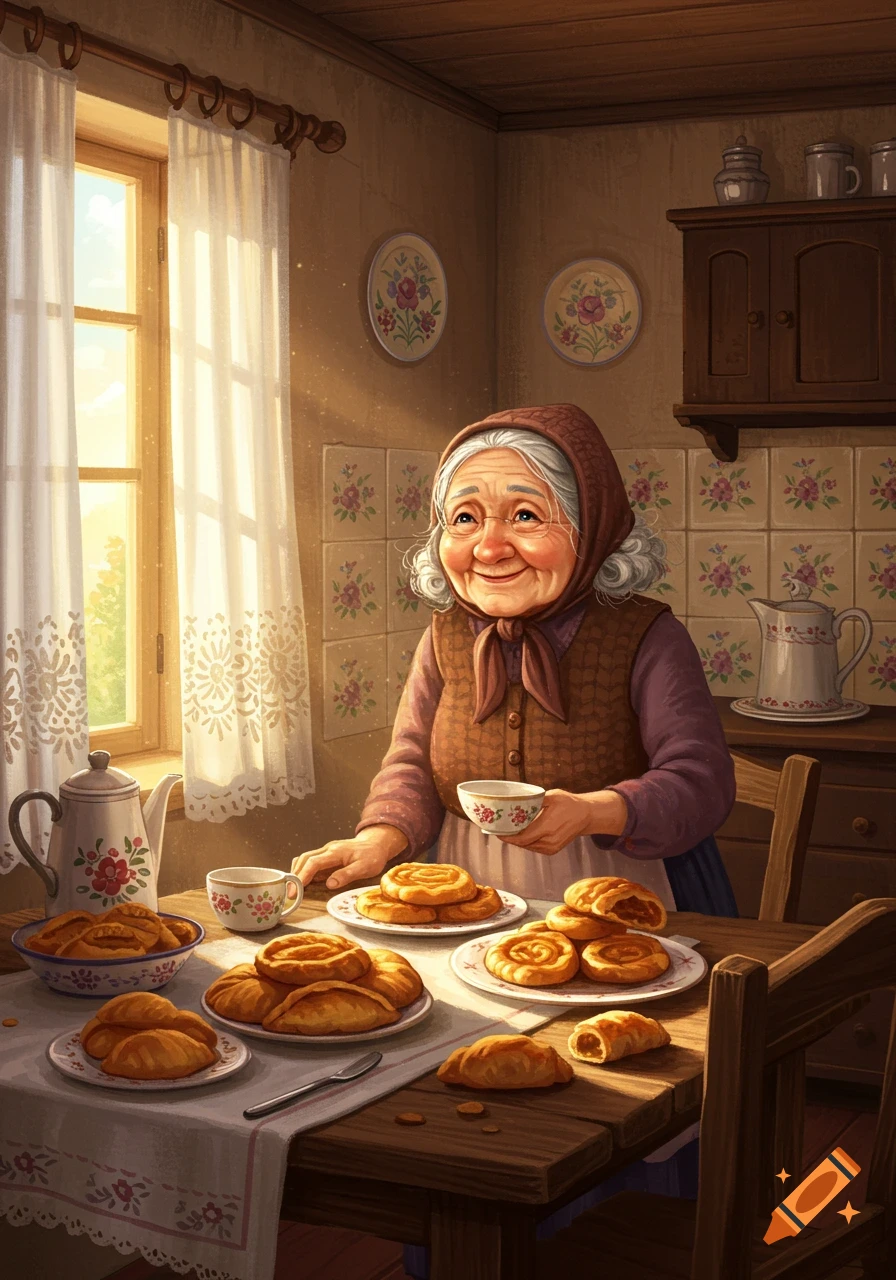 Digital illustration of a smiling grandma in a cozy, sunlit kitchen, sitting at a table laden with pastries and tea.